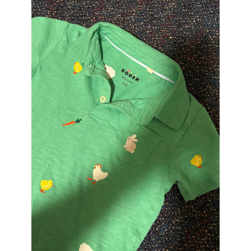 Mini Boden Kids Green Farm Animal Embroidered Polo Shirt Bunny Chick Sheep 4-5Y